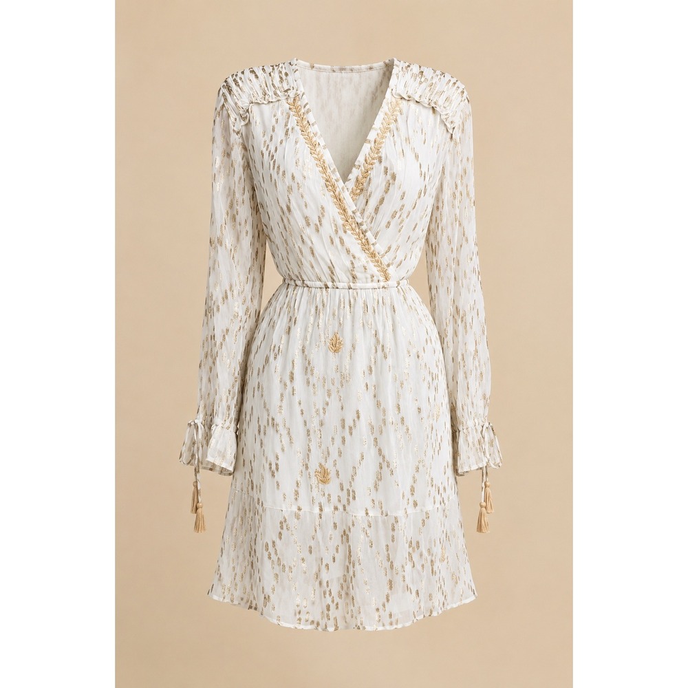 NWT RAGA Ivory Gold Metallic Embroidered Boho Mini Dress Size Medium